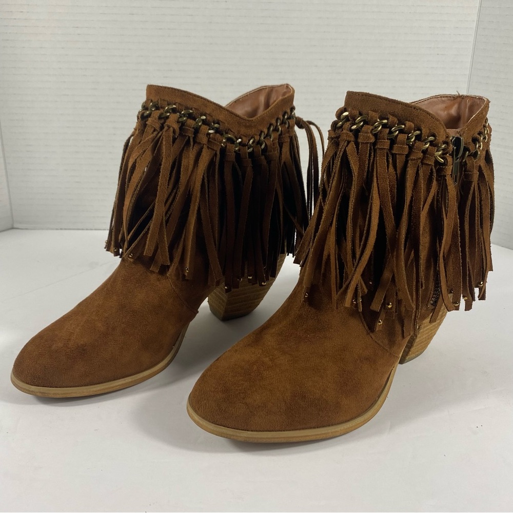 Not Rated Alonzo Fringe Western Booties Brown Suede Ankle Side Zip Womens Sz 7.5